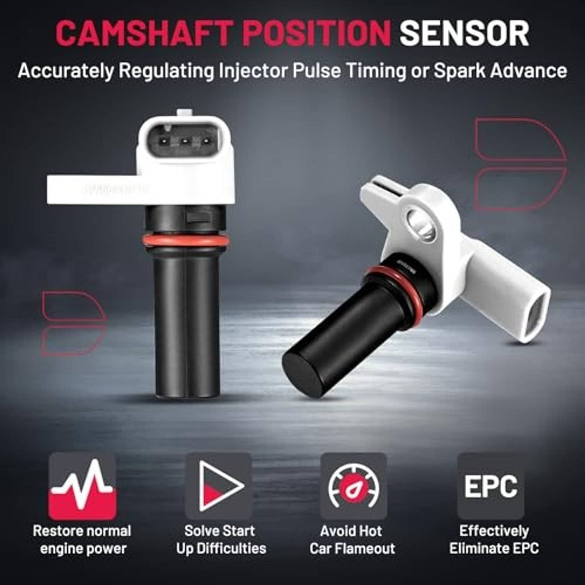 Camshaft position sensor with gray electrical connector and black body, red seal
