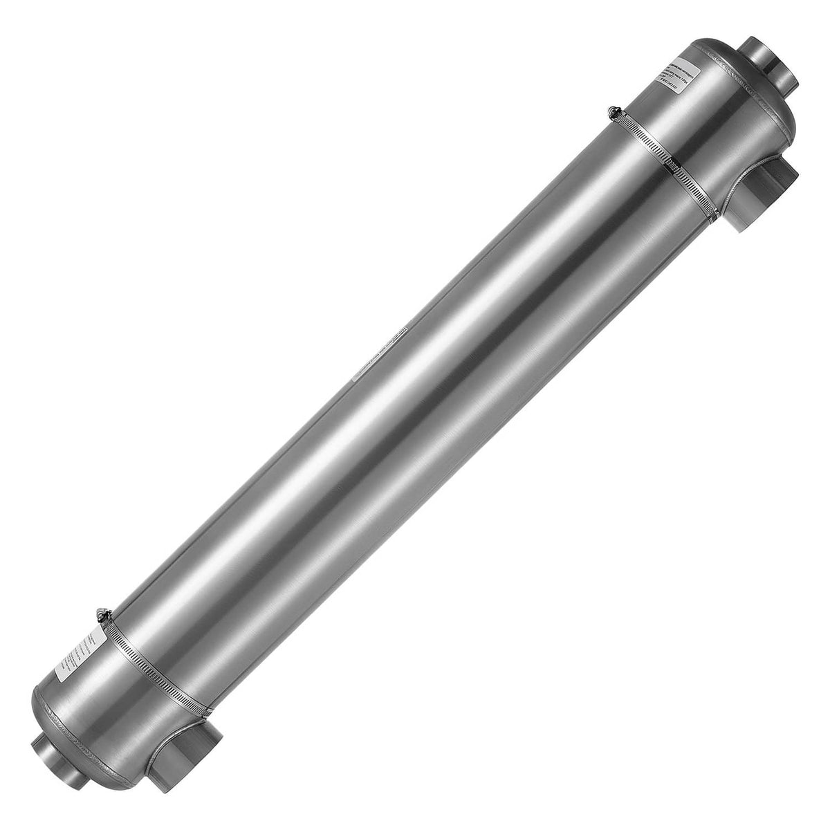Stainless steel shell heat exchanger with flange end caps and connection ports
