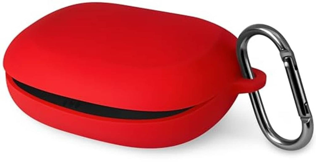 Red silicone earbud case with side carabiner loop and protective shell