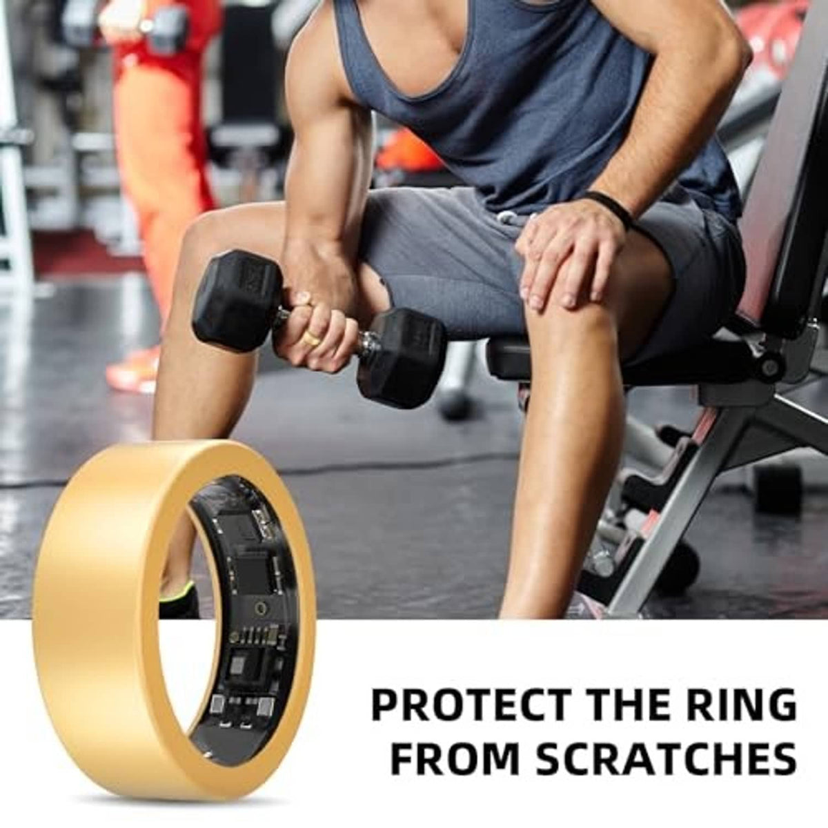 Gold silicone ring protector sleeve near gym dumbbells, designed to prevent scratches