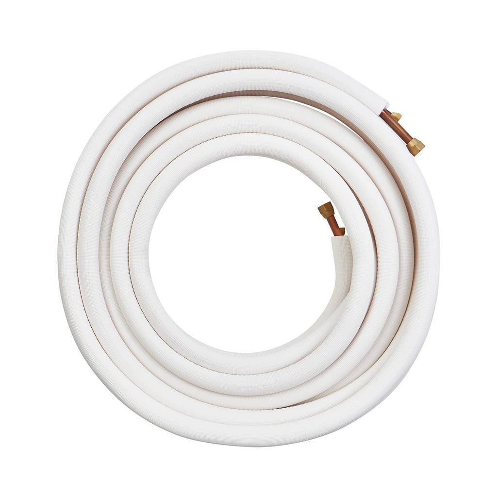 Coiled insulated mini-split copper tubing line set with brass connector ends, white insulation.