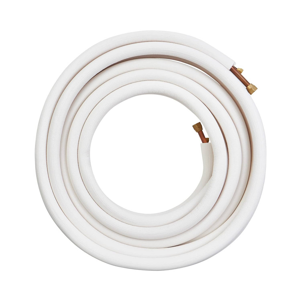 Coiled insulated mini-split copper tubing line set with brass connector ends, white insulation.