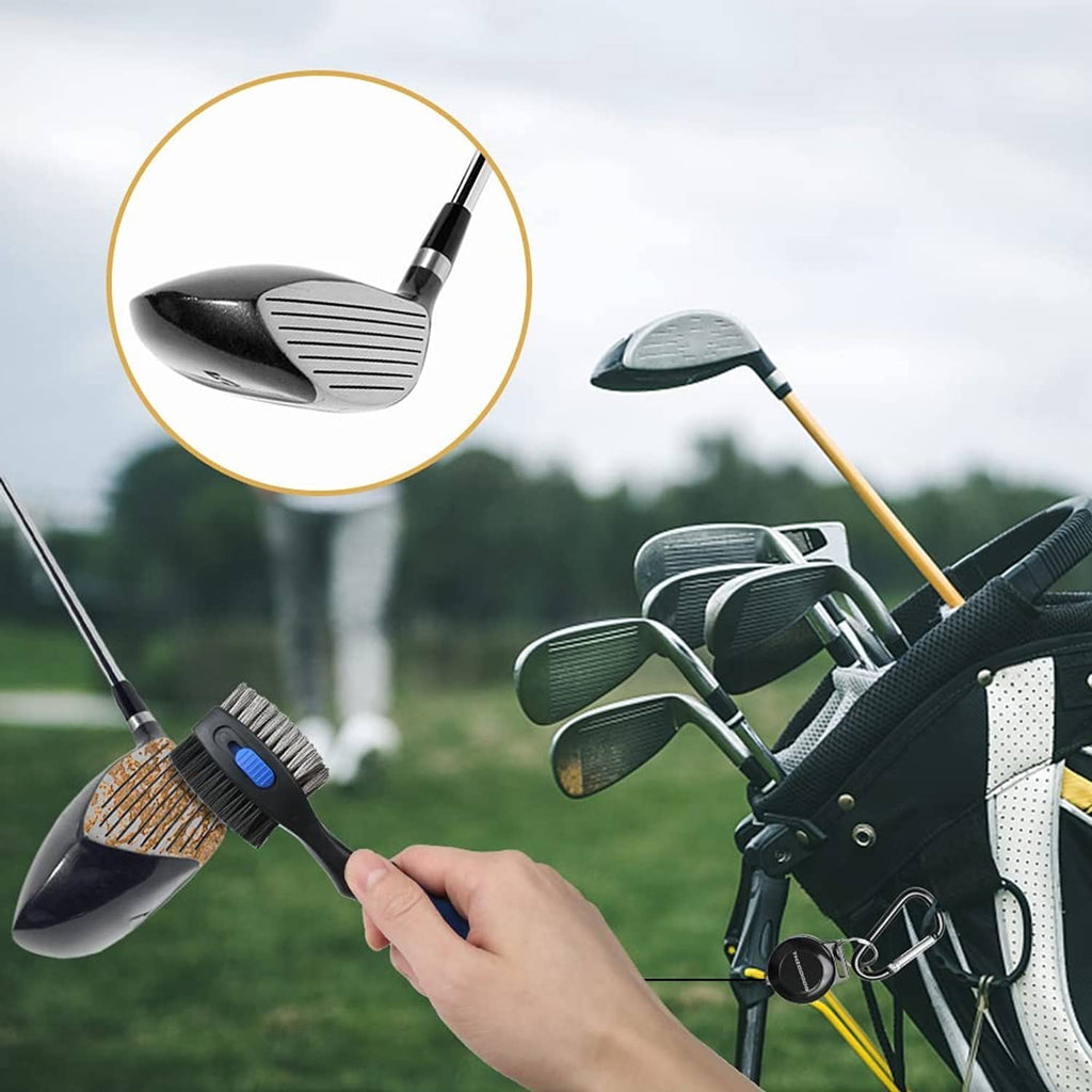 Golf club brush and retractable groove cleaner, held near iron head, black and blue
