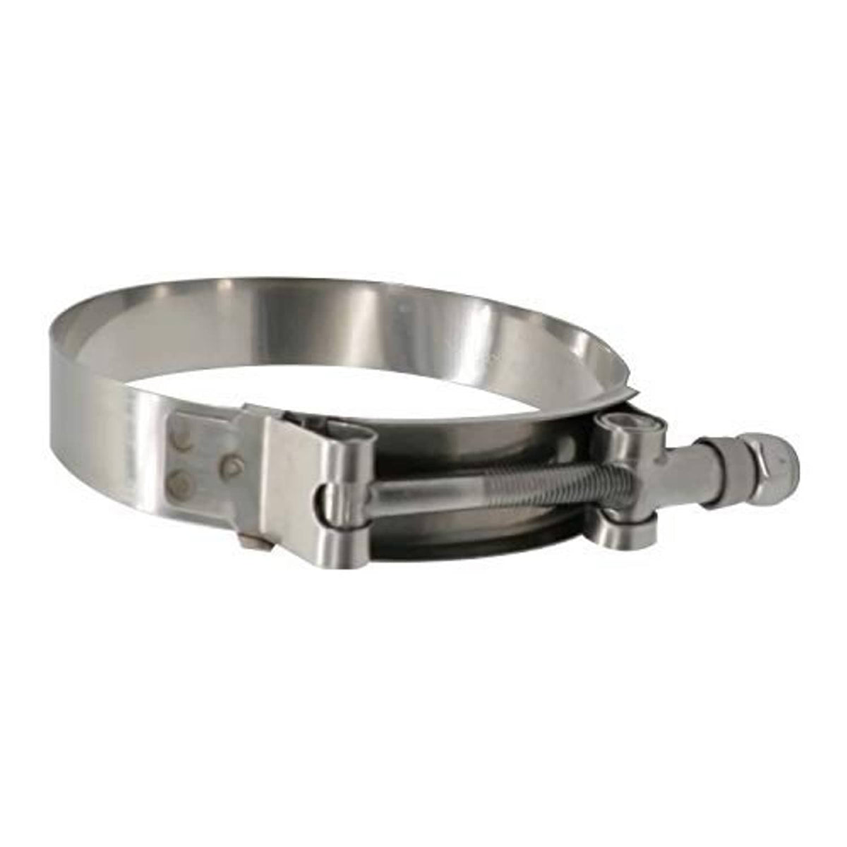 Stainless steel T-bolt hose clamp band with tightening bolt and black inner seal