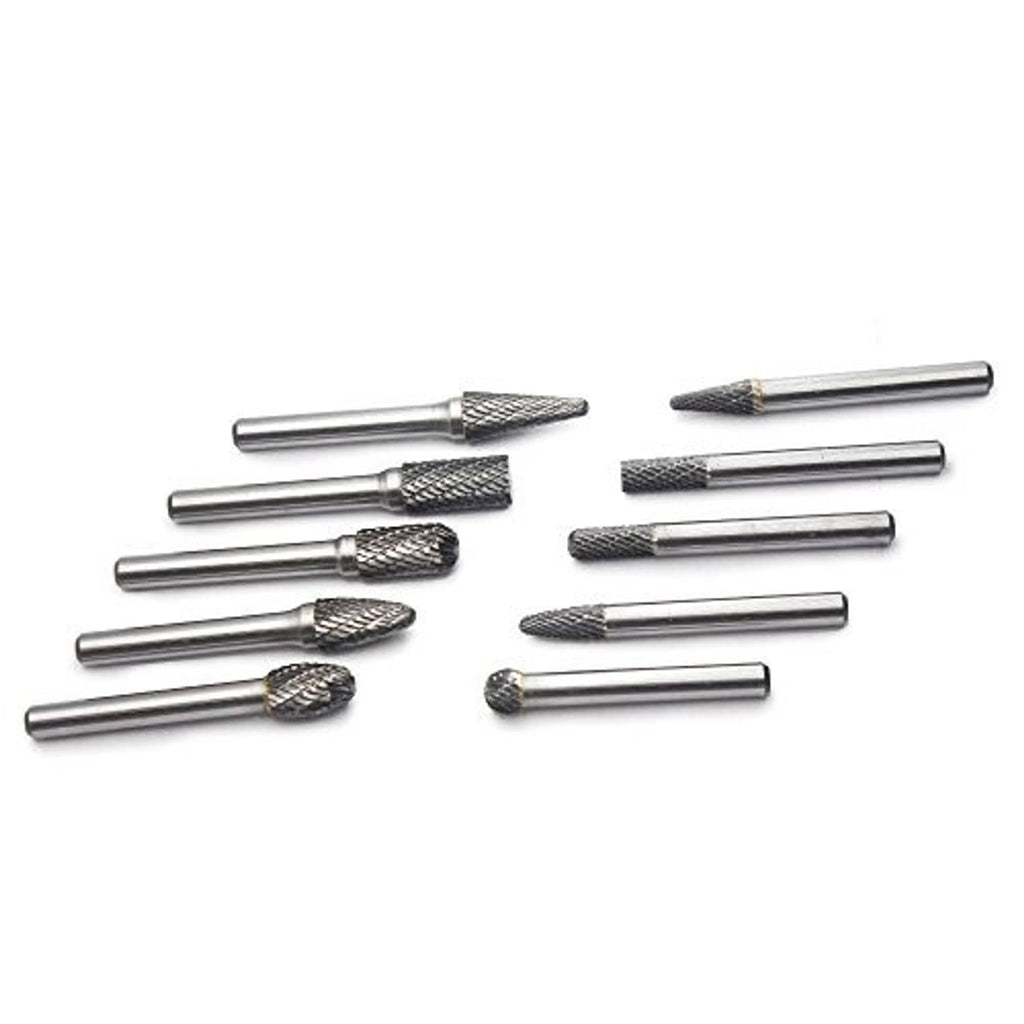 Tungsten carbide burr set of multiple double-cut rotary bits with 1/4 in shanks