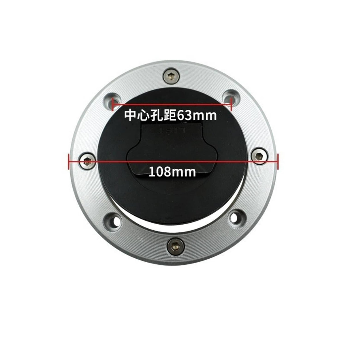 Fuel gas cap with black center insert and silver mounting ring with screw holes