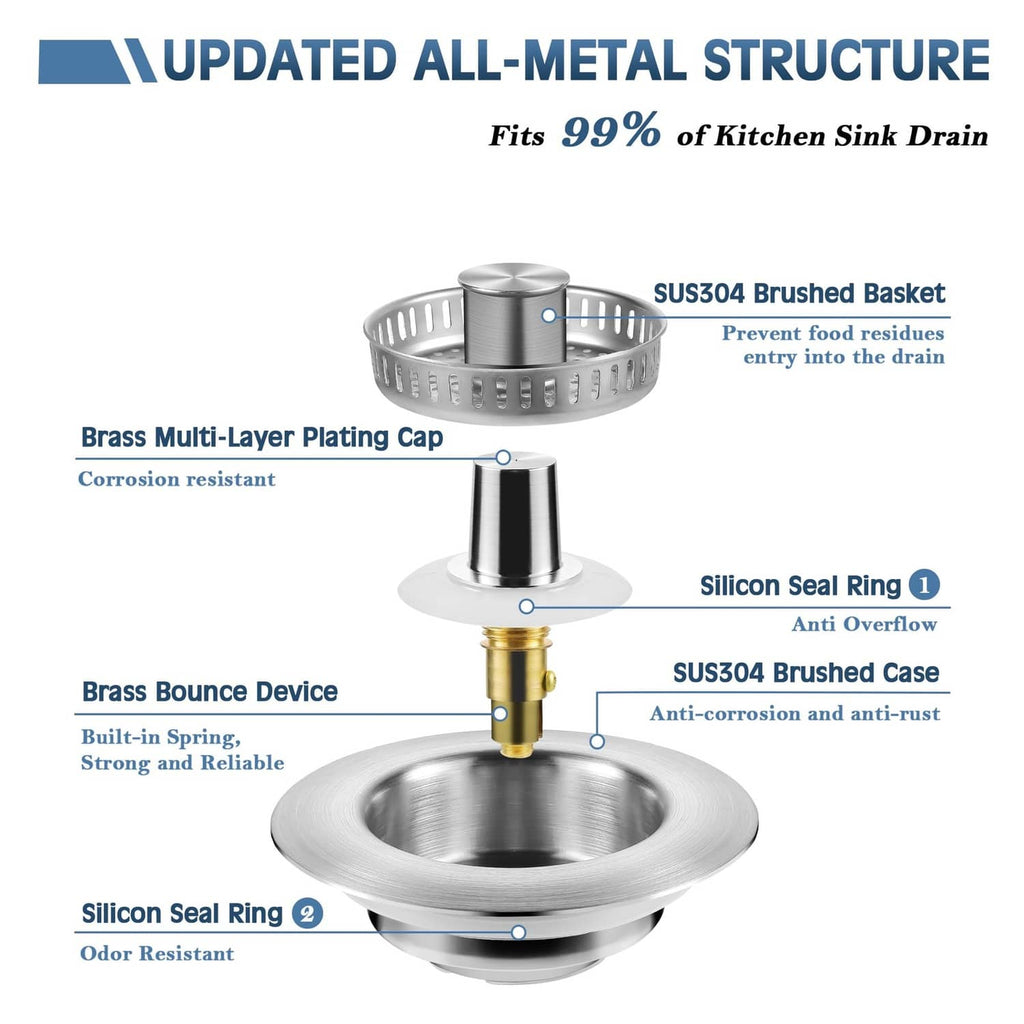 All-metal sink drain strainer with brushed basket and silicone seal ring