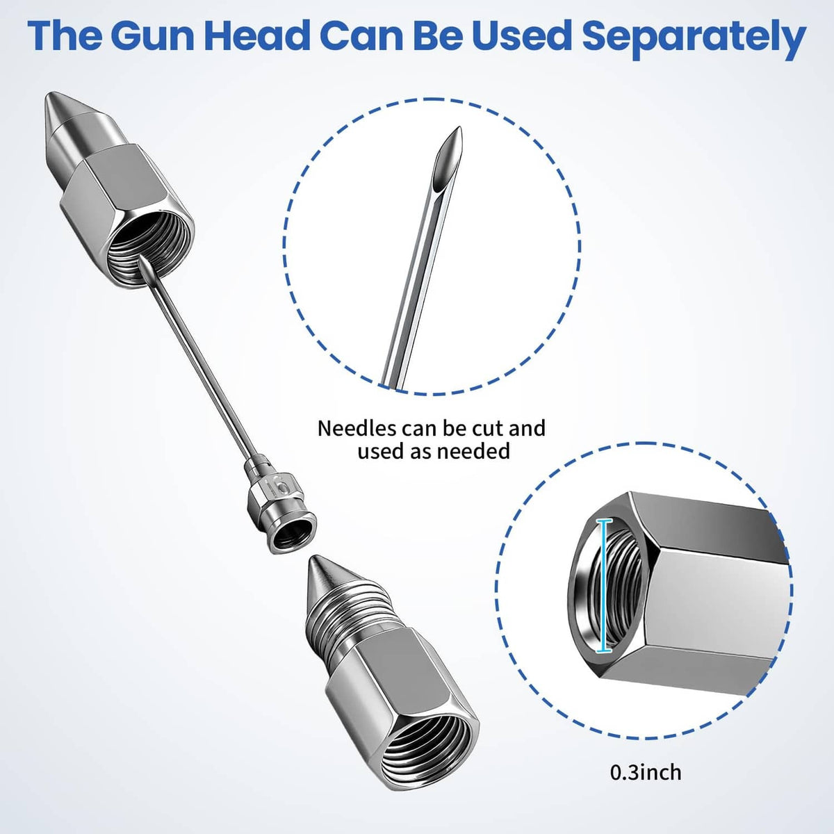 Grease gun needle tip head with long needle and separate silver threaded body