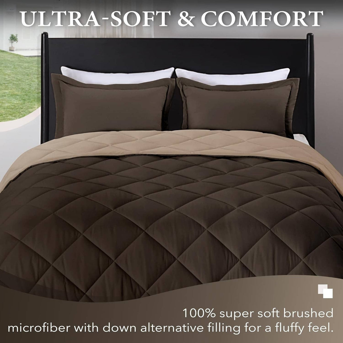 King comforter set with dark brown quilted comforter and light tan border