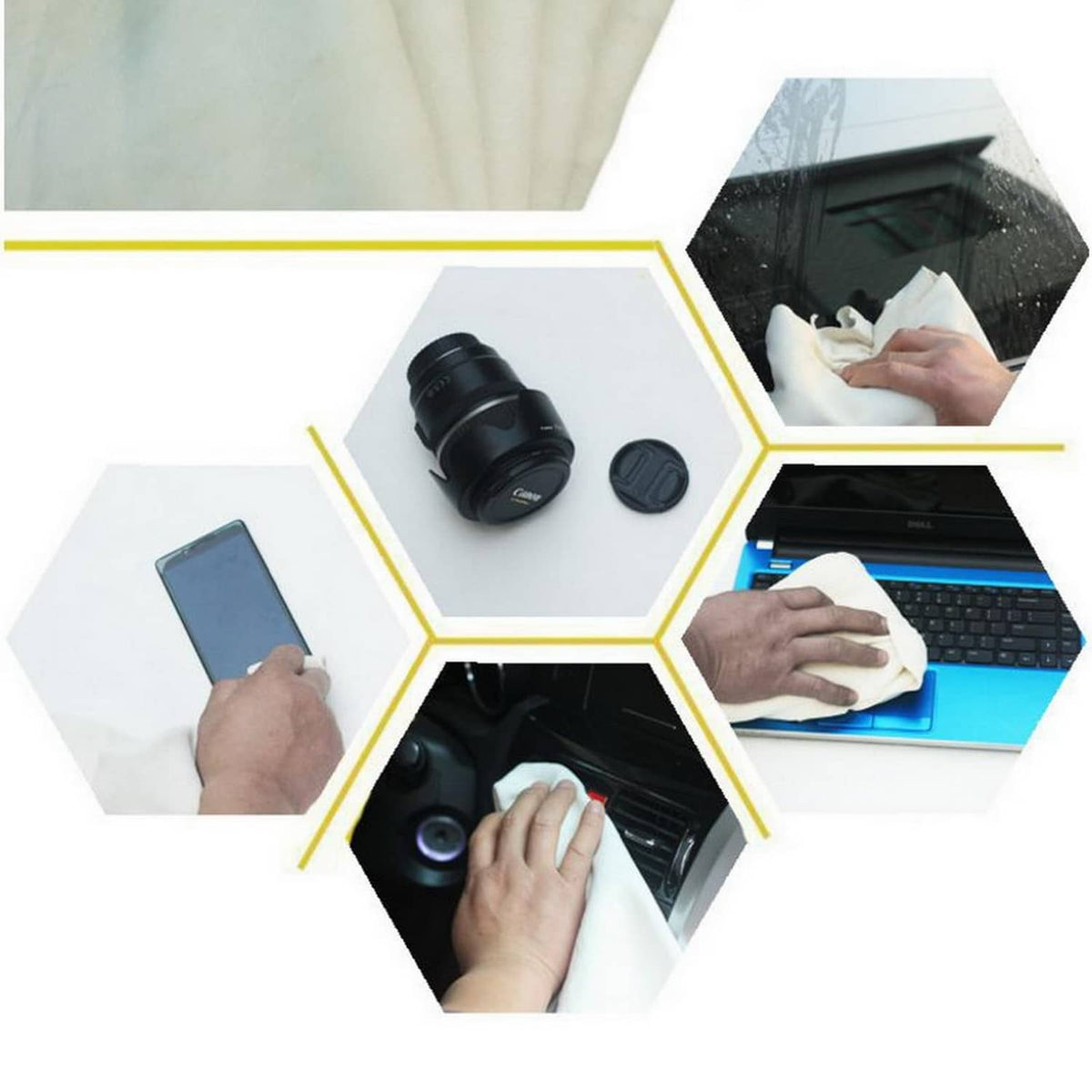 Chamois leather cleaning cloth wiping phone, camera lens, laptop, and tablet