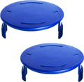 Blue round weed trimmer spool cap cover with four side tabs