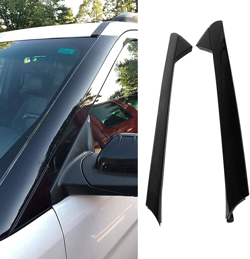 Black windshield pillar trim molding installed along front side window edge
