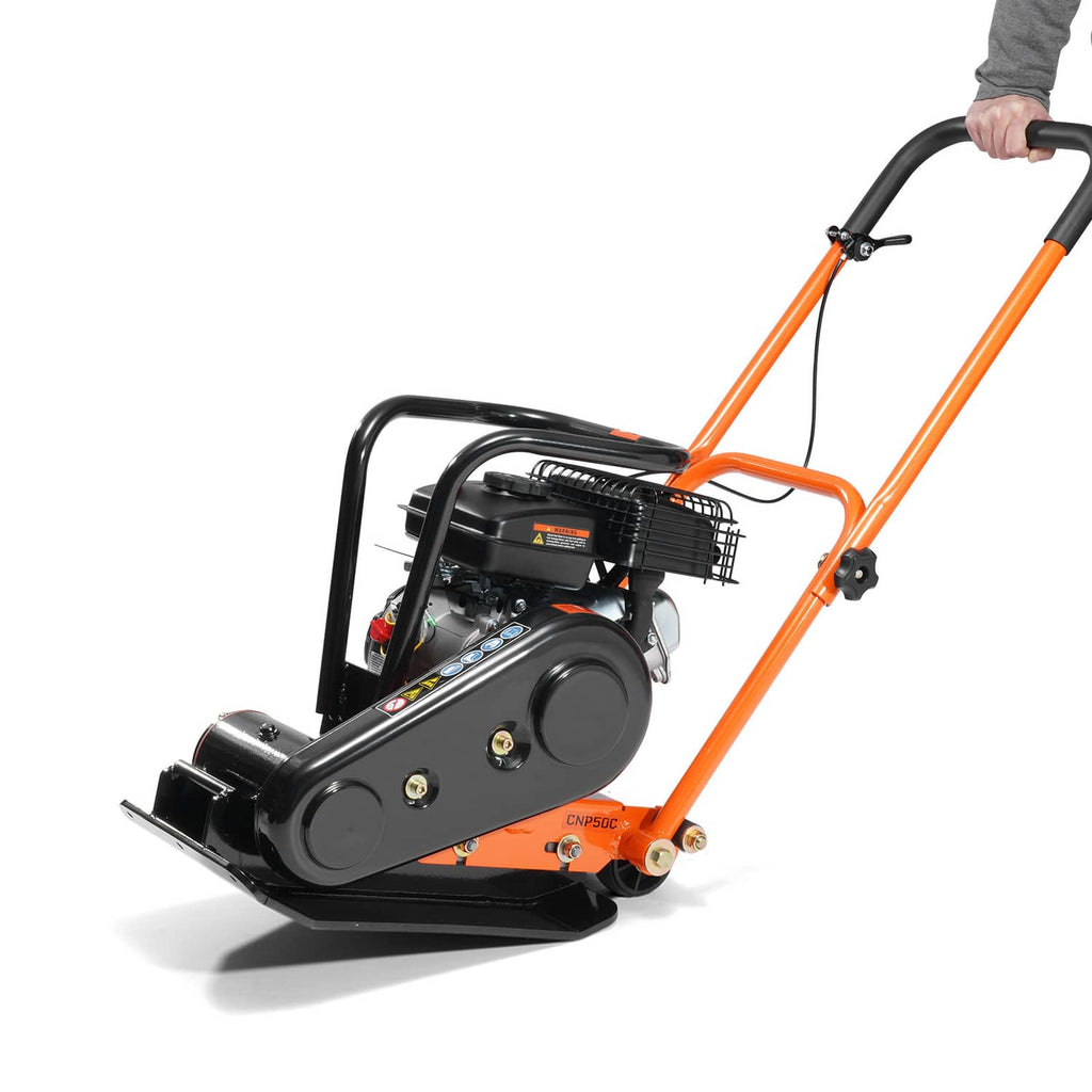 Handheld grip view of orange plate compactor with black engine cover and plate base