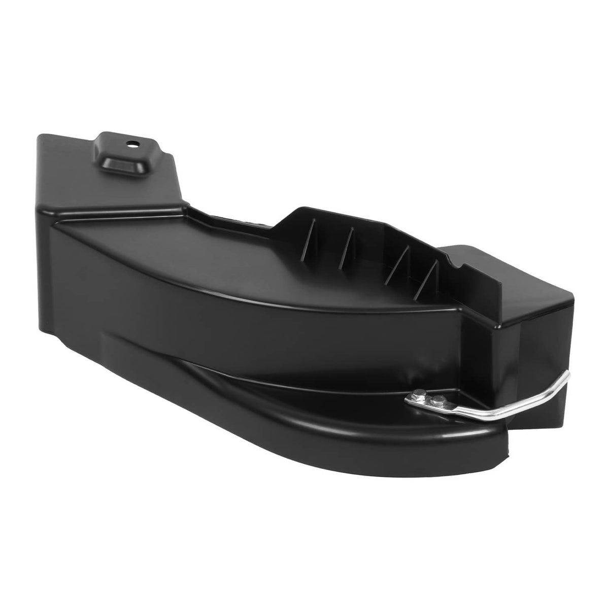 Black mulching deck blade with mounting holes and curved discharge deflector
