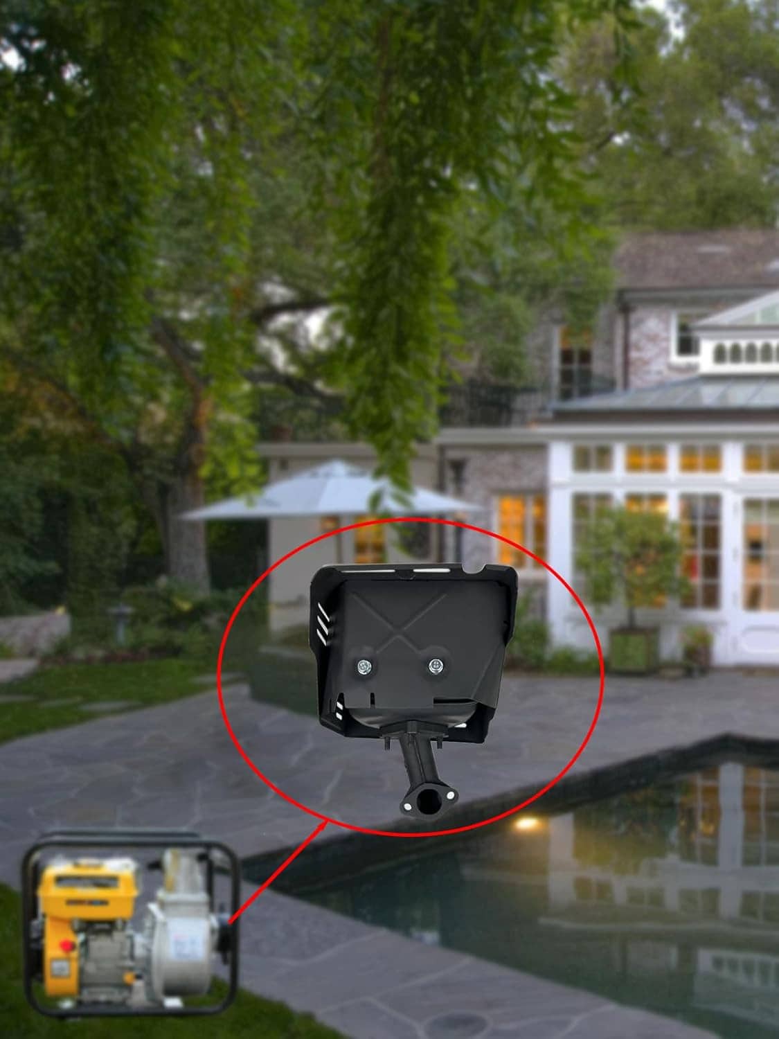 Black muffler silencer unit mounted above a generator-style engine