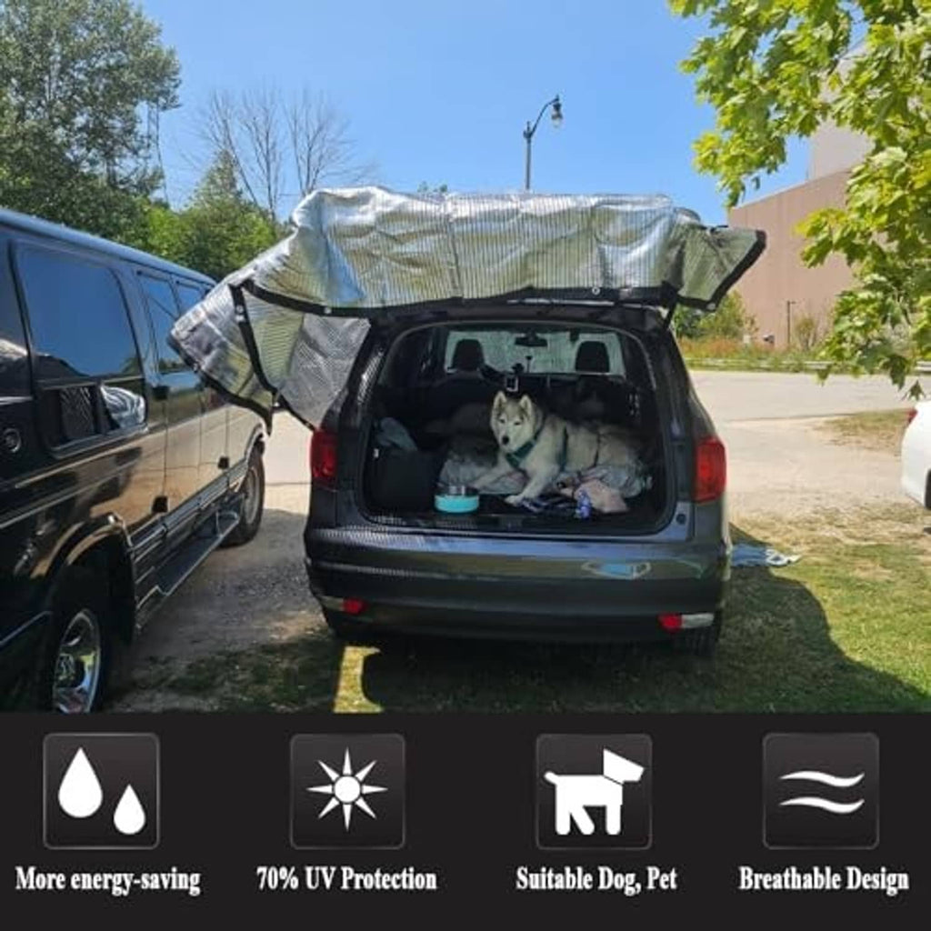 Reflective shade cloth cover stretched over vehicle roof for pet shade