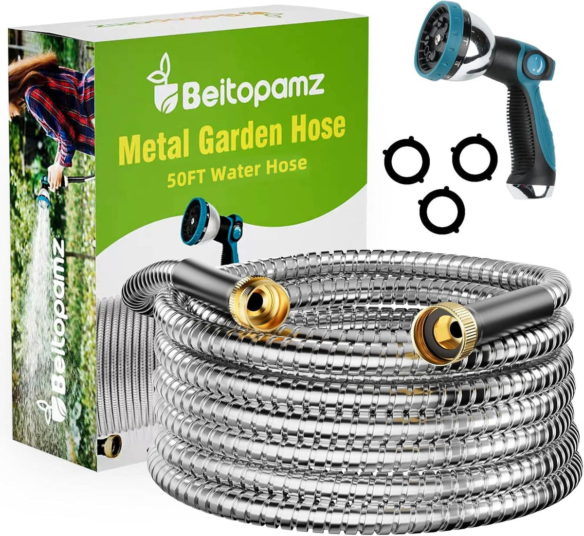 Coiled metal garden hose with turquoise spray nozzle and brass fittings, shown with spare rings