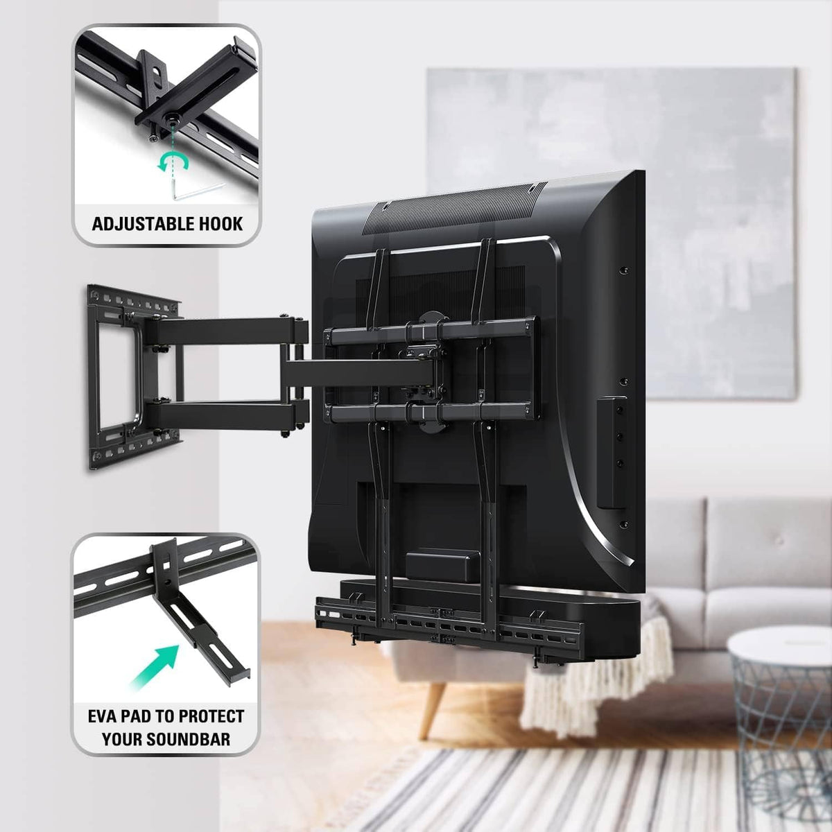 Black soundbar mount bracket with adjustable arms and protective EVA pad