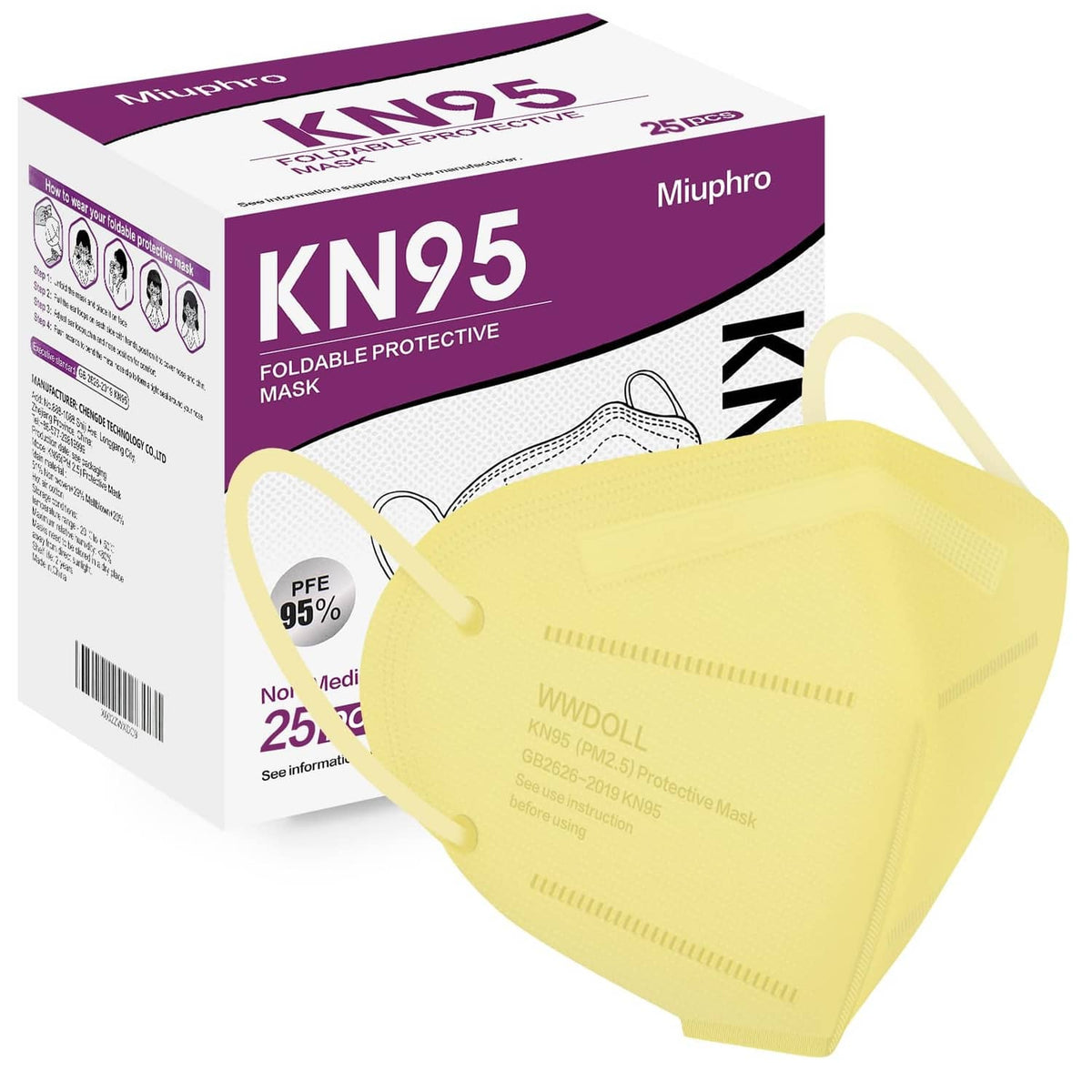 Yellow KN95 face mask and folded mask pack shown with product box