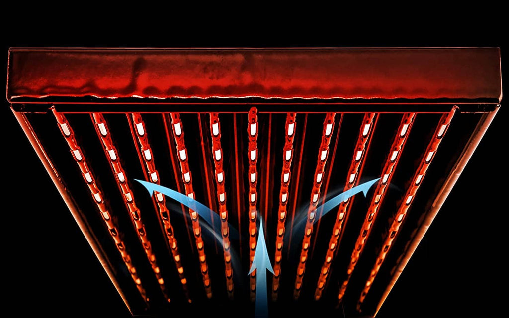 Grill grate with radiant heat channels glowing through the bar slots