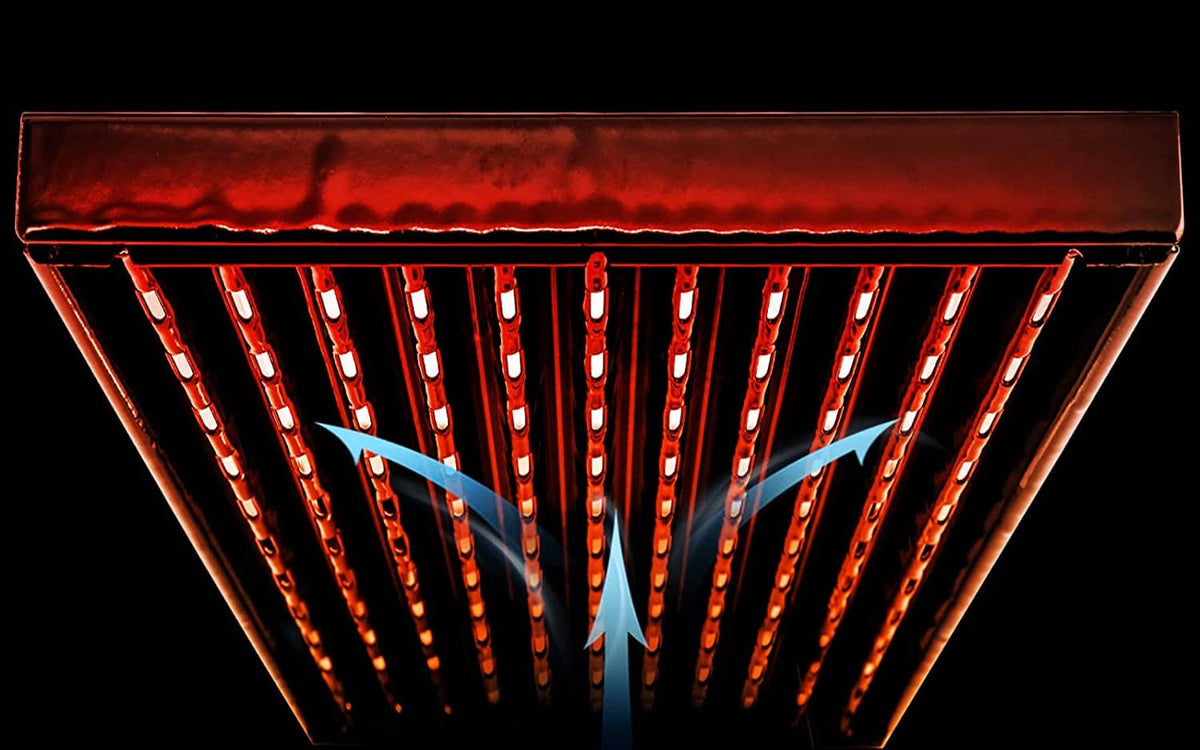 Grill grate with radiant heat channels glowing through the bar slots