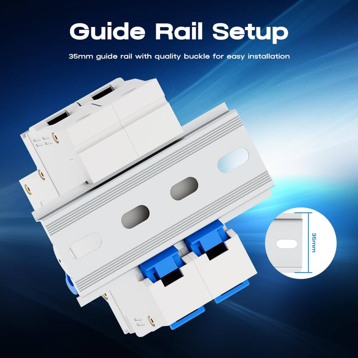 DIN rail guide setup for miniature DC circuit breaker with blue internal components