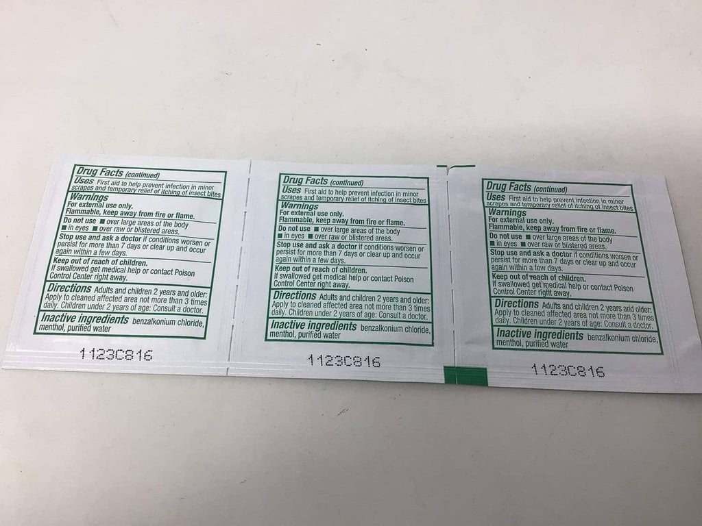 Safetec Sting Relief wipes back panel with Drug Facts text