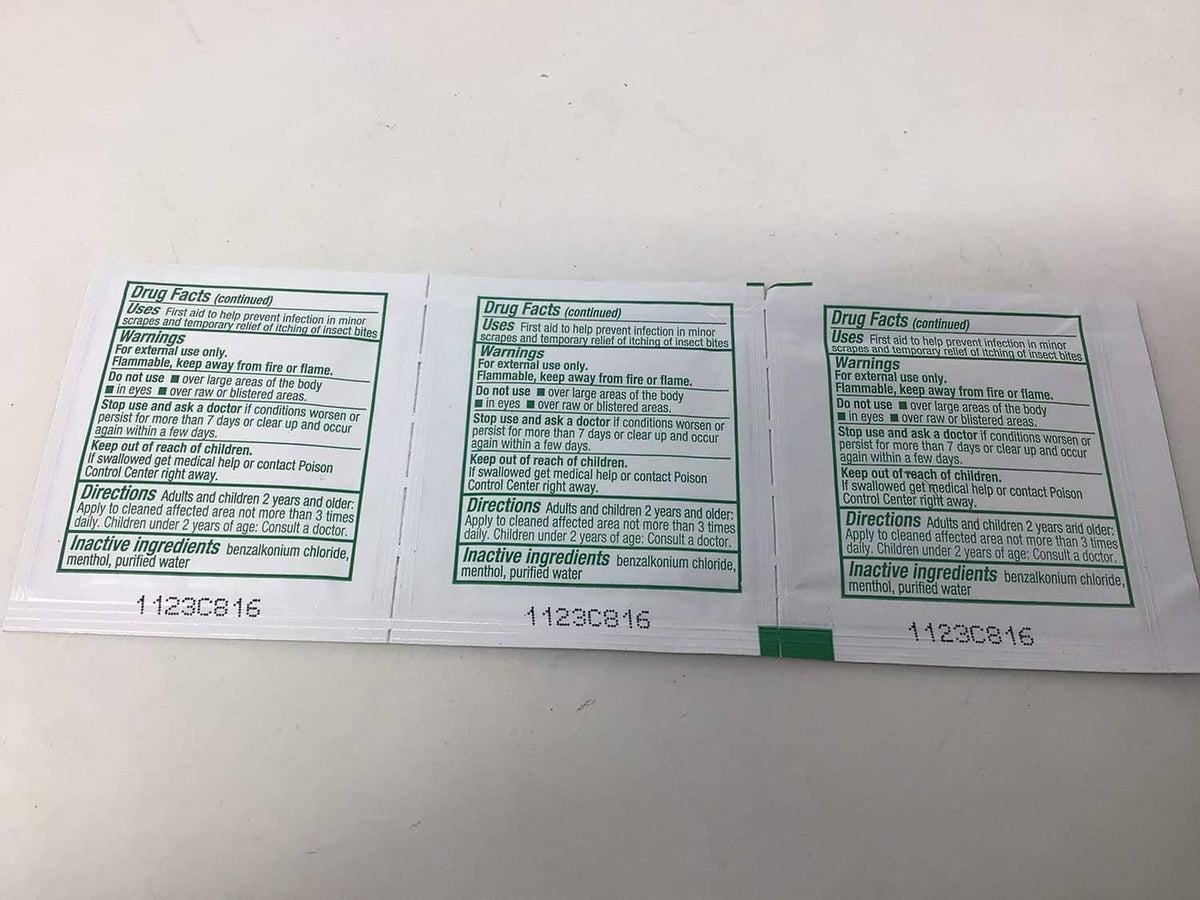 Safetec Sting Relief wipes back panel with Drug Facts text