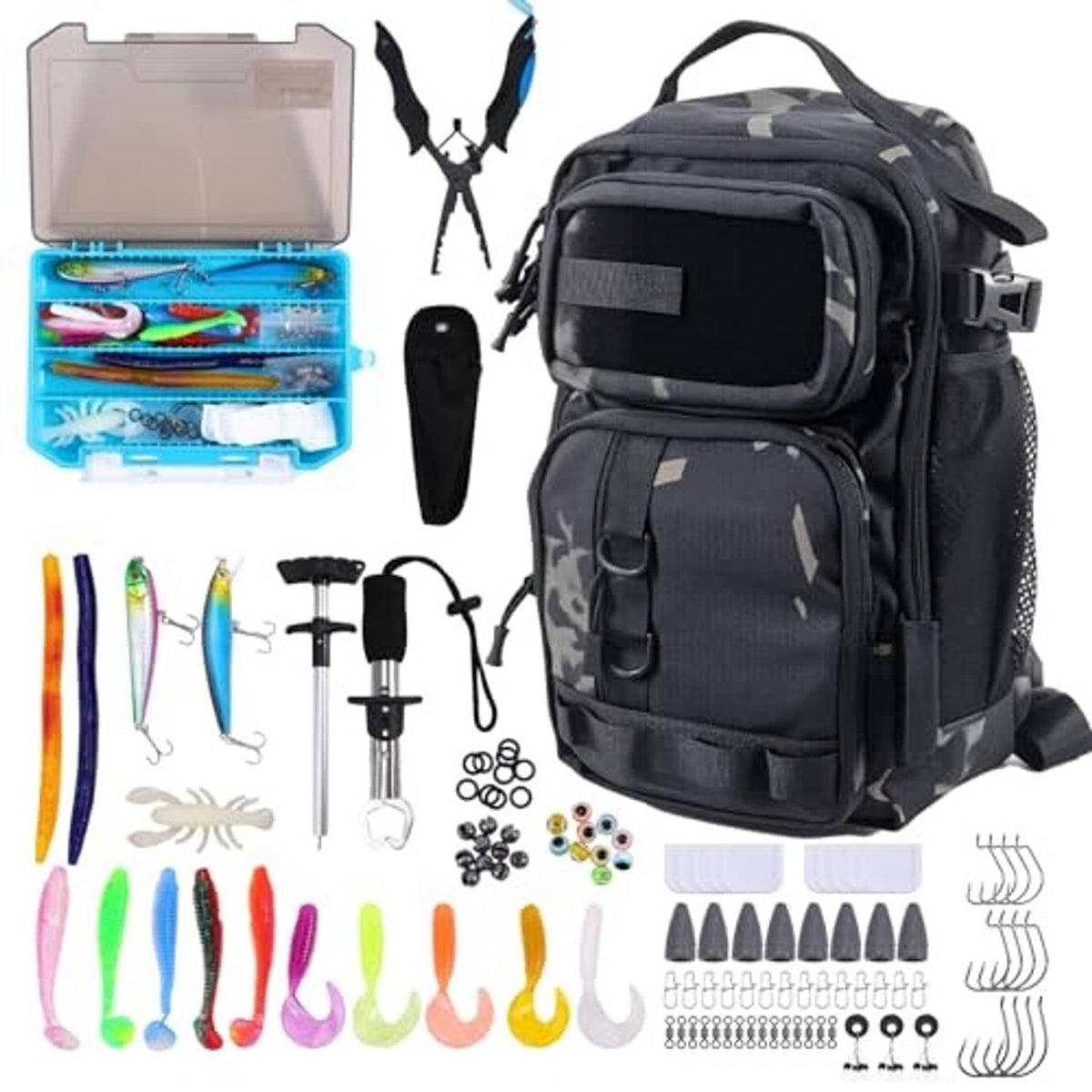 Black camouflage fishing tackle backpack with multiple front compartments and straps