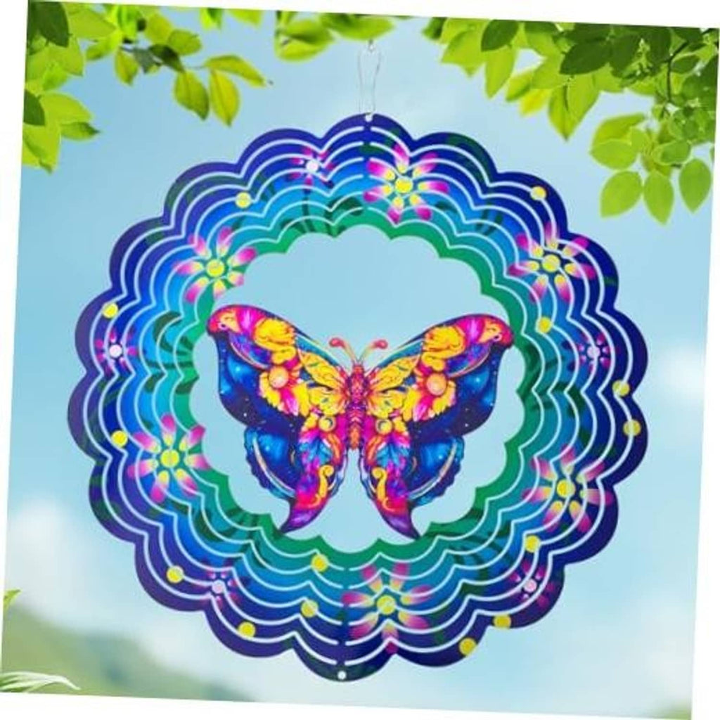 Butterfly metal wind spinner with iridescent rainbow wings, circular cutout design