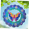 Butterfly metal wind spinner with iridescent rainbow wings, circular cutout design