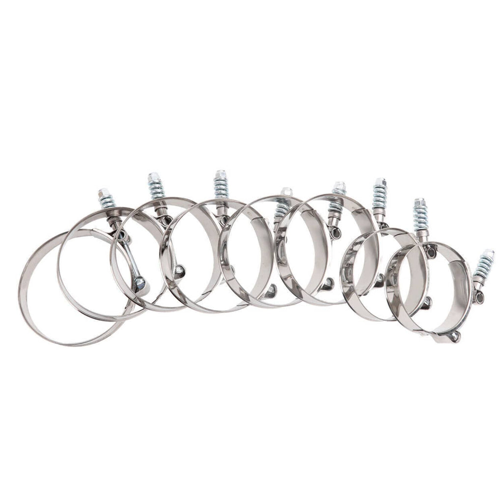 Multiple silver metal worm-gear hose clamps for intercooler hose boots, close-up.