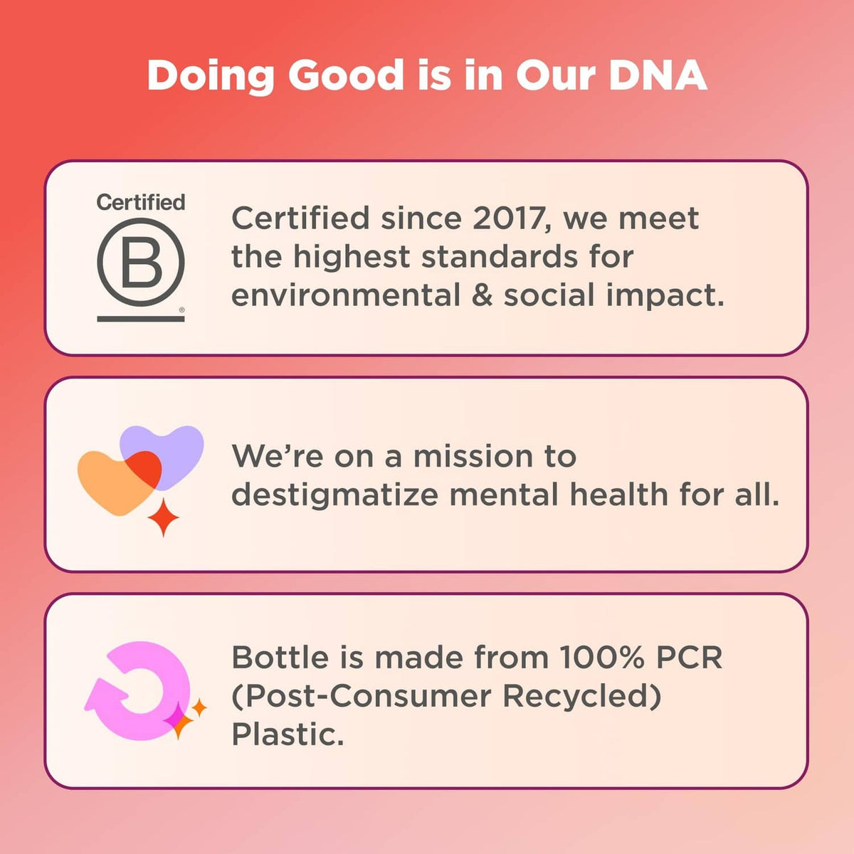 Impact message graphic: Certified B Corp, mission for mental health, 100% PCR bottle