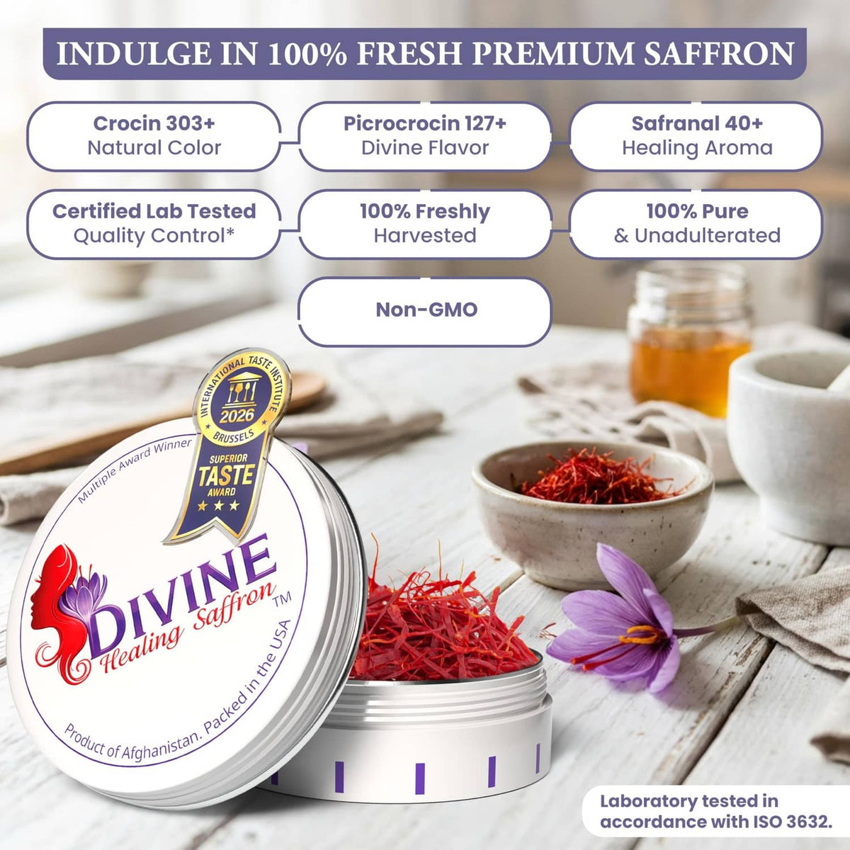Divine Healing Saffron tin and red threads with quality icons and small glass jar