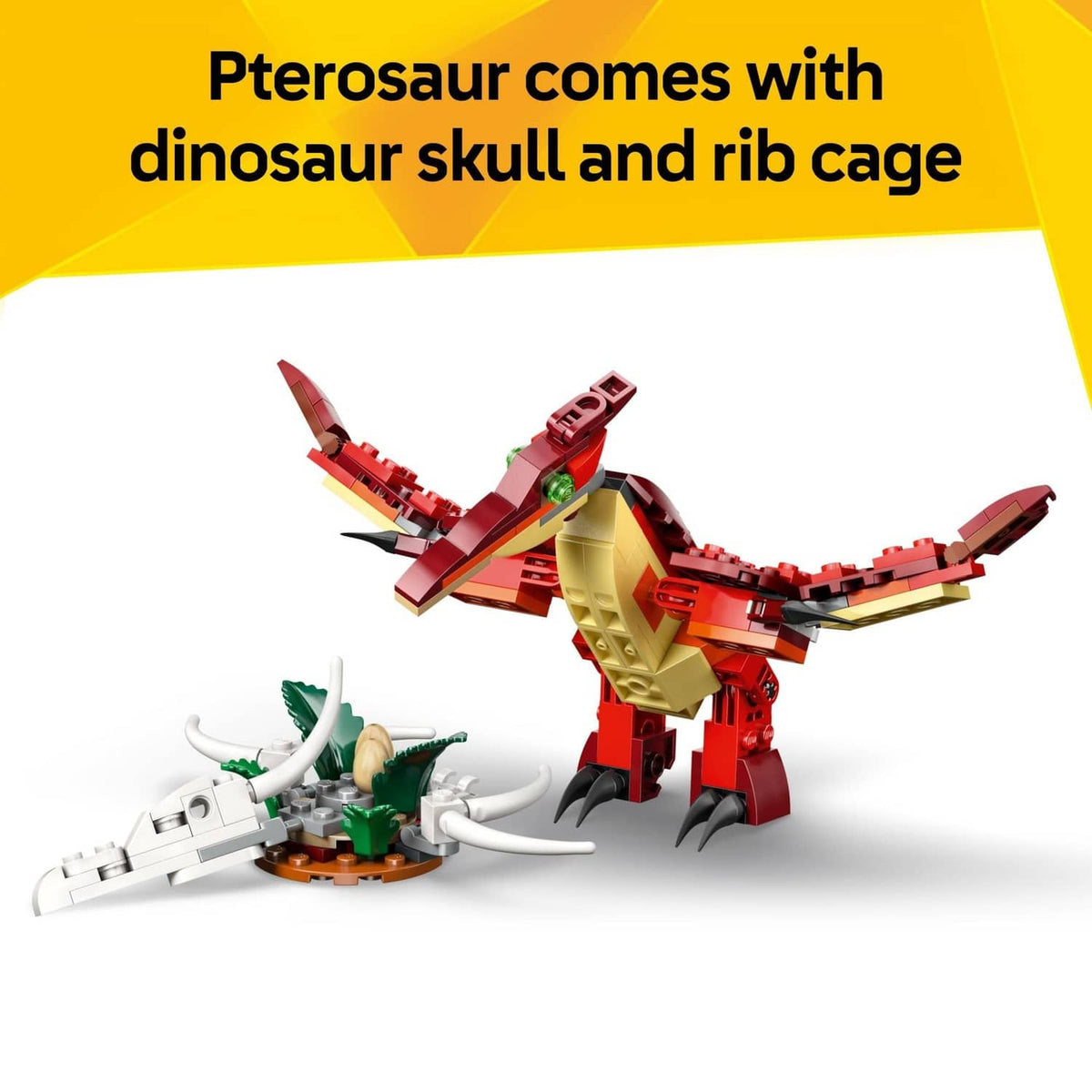 LEGO Creator pterosaur dinosaur model in red and yellow with white skull and rib cage pieces