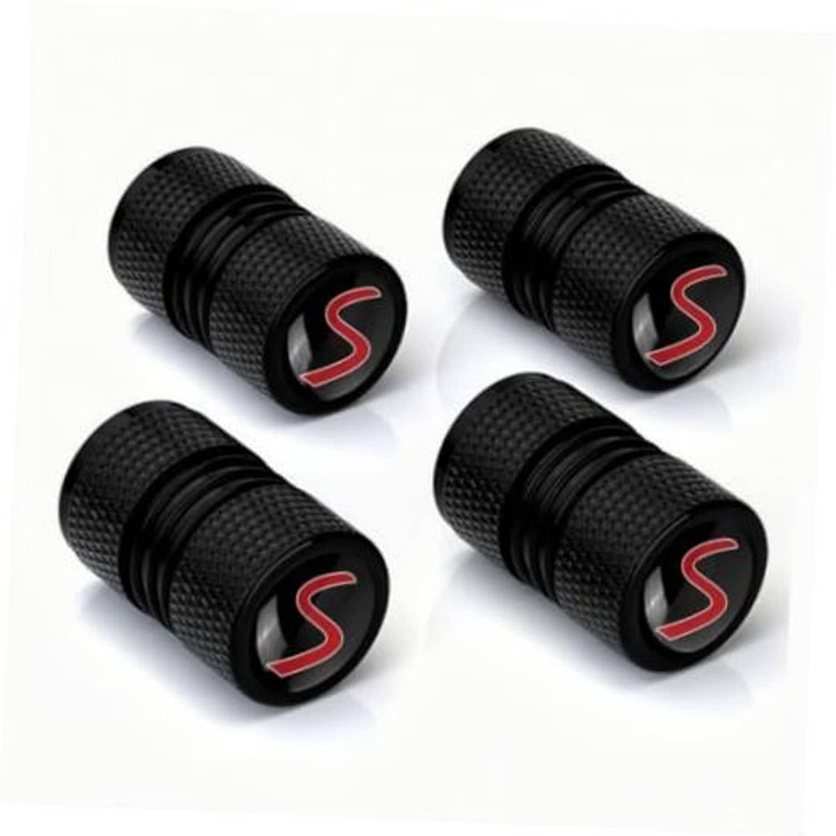 Set of four black textured wheel valve caps with red S logo inserts