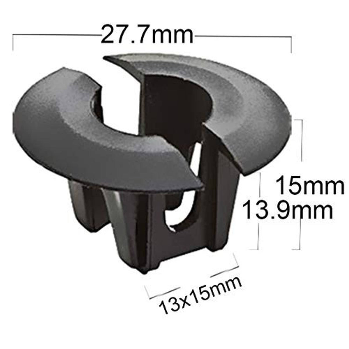 Front air deflector retainer clip grommet dimensions, dark gray plastic