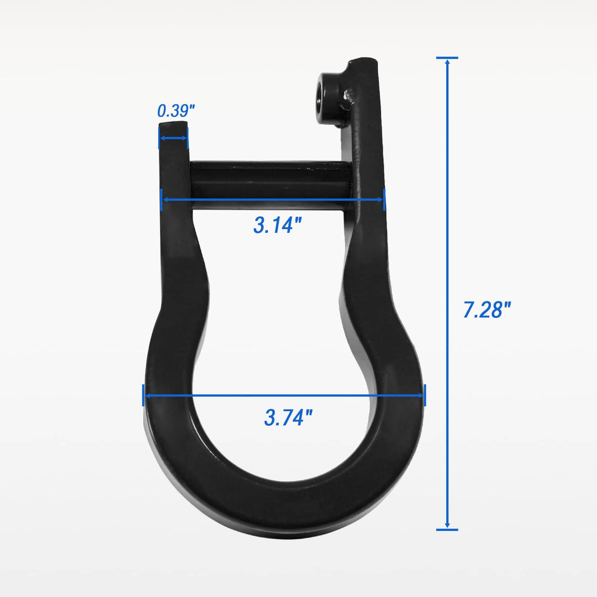 Black U-shaped tow hook with screw post and mounting tab, shown with size measurements
