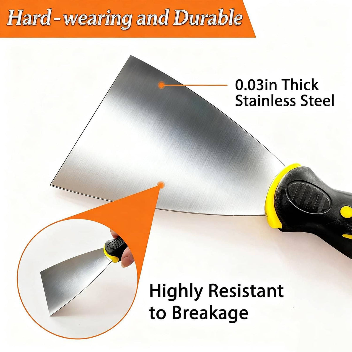 Stainless steel caulk remover blade with black handle and yellow detail accents