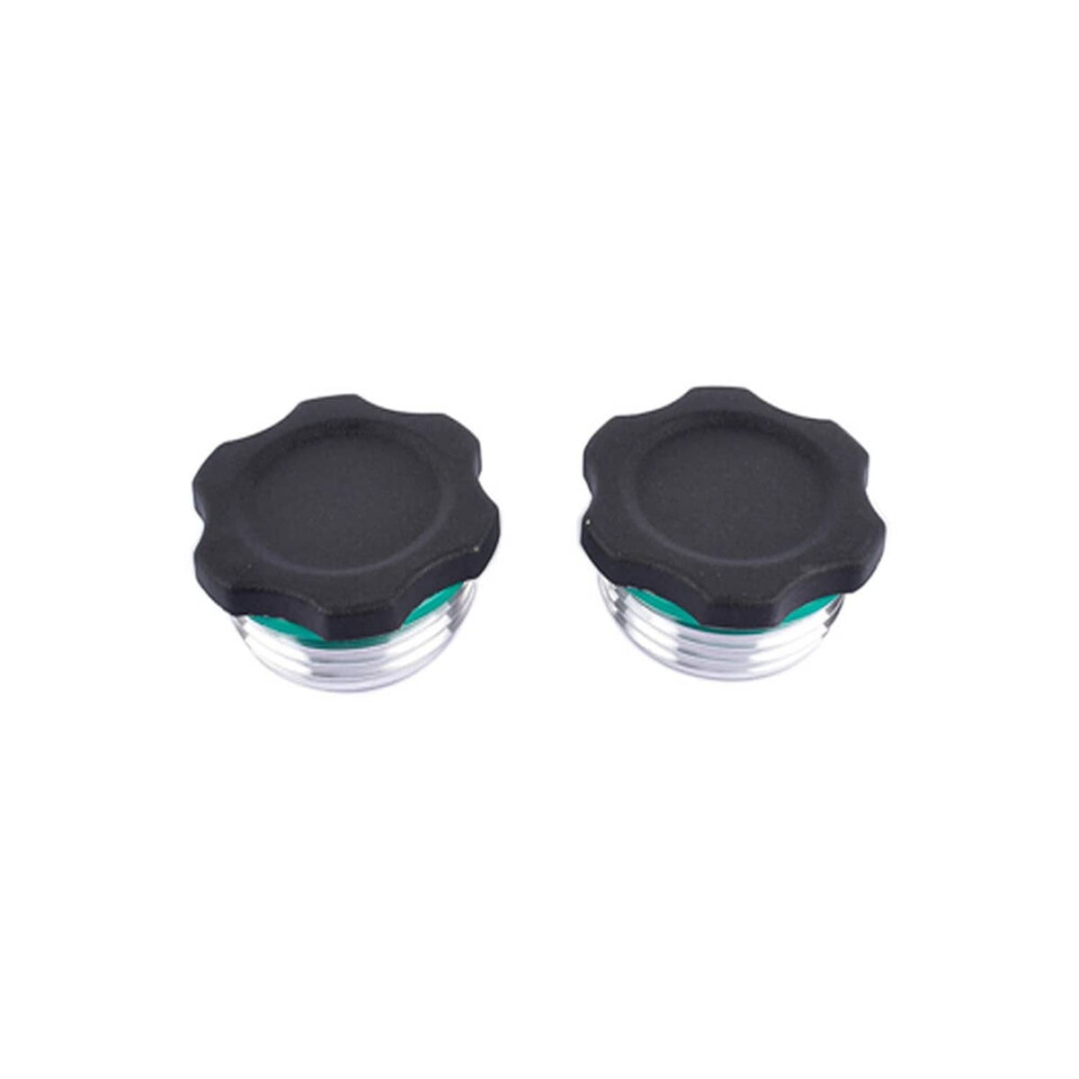 Set of two black valve cover caps with teal seal rings and clear gaskets.