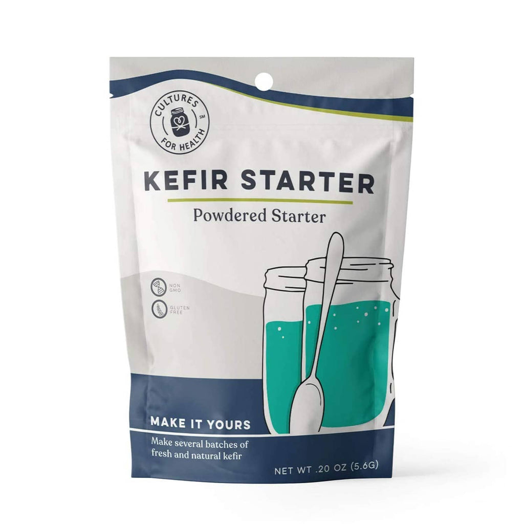 Kefir starter powder pouch, white bag with blue stripe and spoon illustration