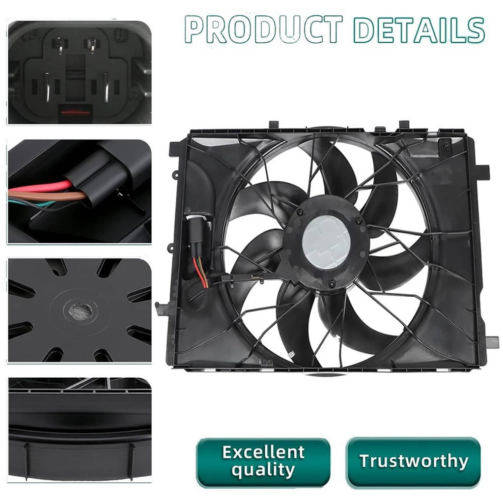 Radiator cooling fan with black shroud; side wiring and mounting details visible.