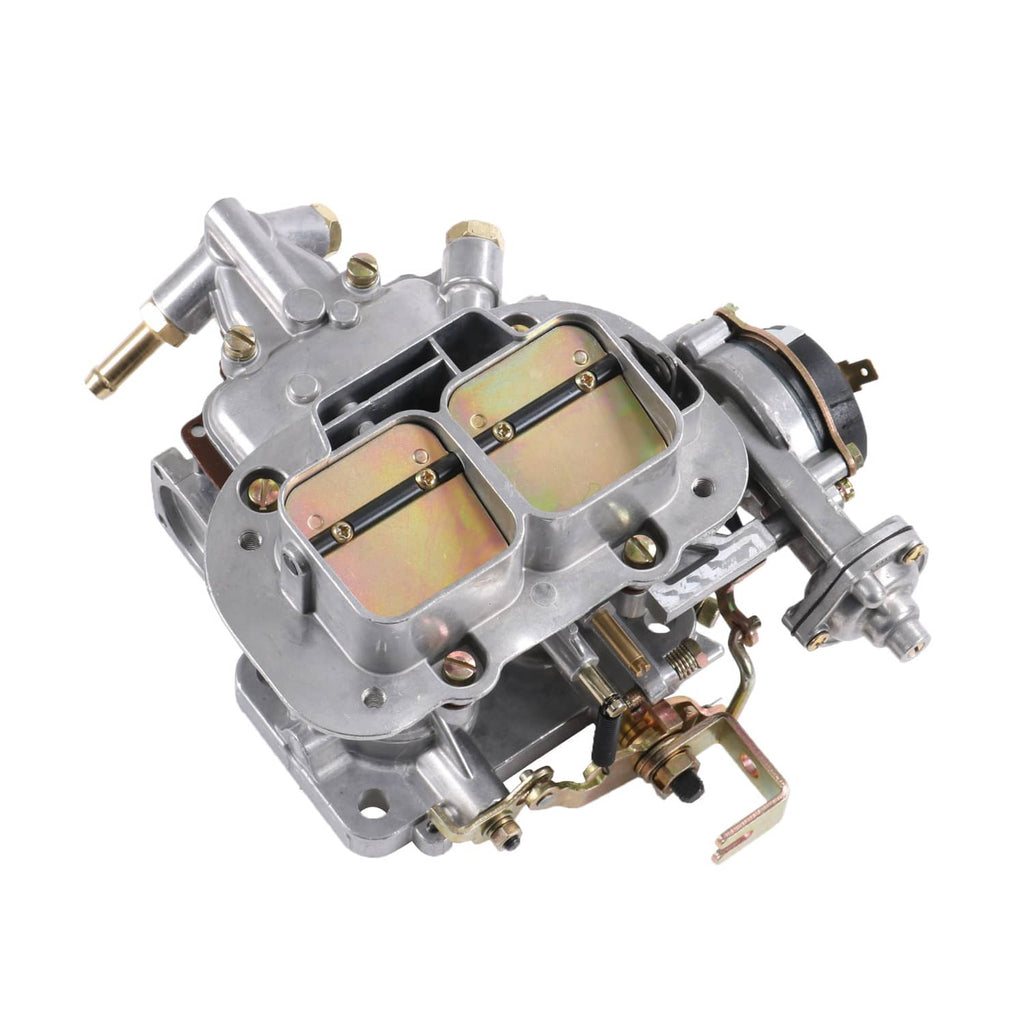 2-barrel carburetor with side linkage, two throttle bores, and metal air horn