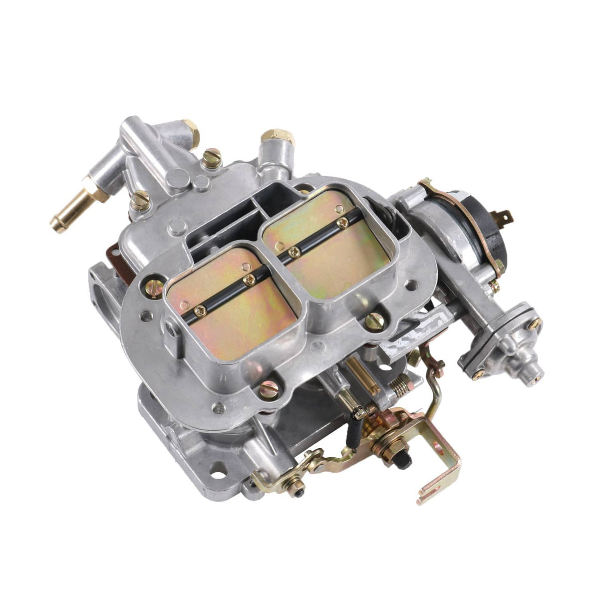 2-barrel carburetor with side linkage, two throttle bores, and metal air horn