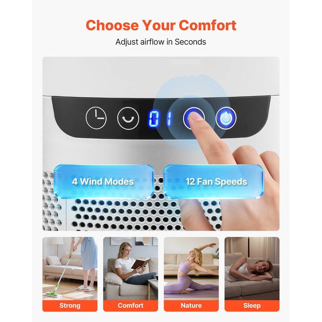 White bladeless tower fan control panel with illuminated LED display