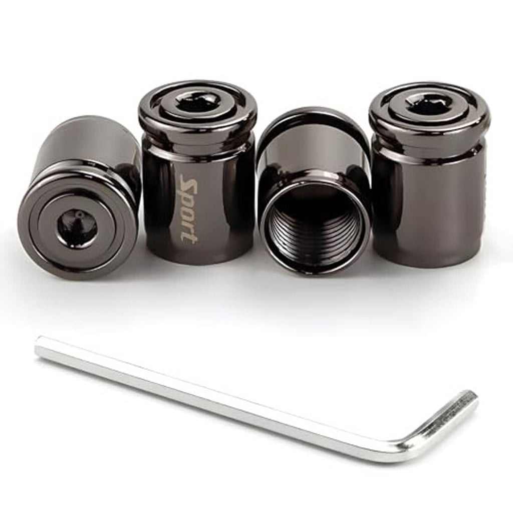 4-piece locking tire valve caps in dark chrome finish with chrome wrench