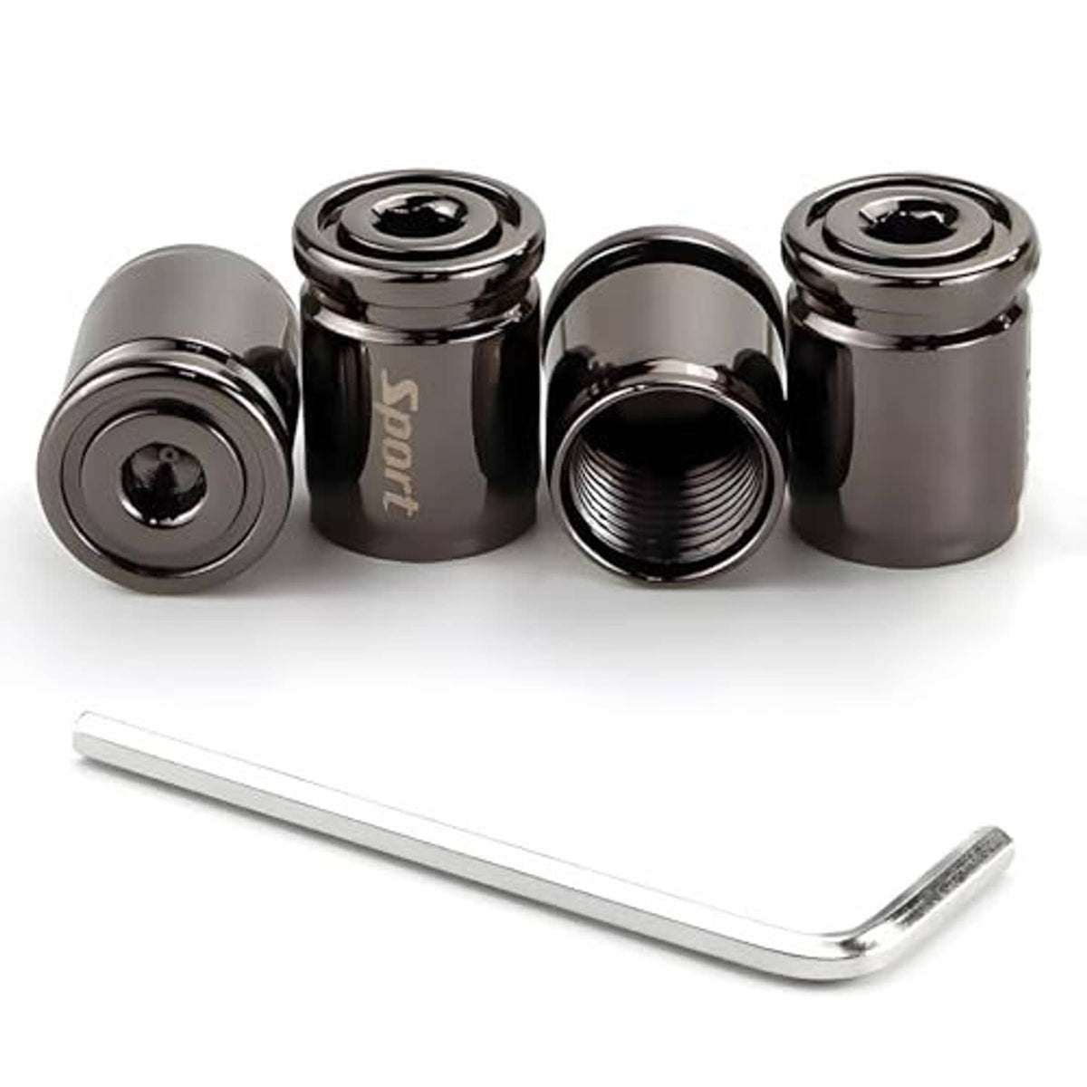 4-piece locking tire valve caps in dark chrome finish with chrome wrench