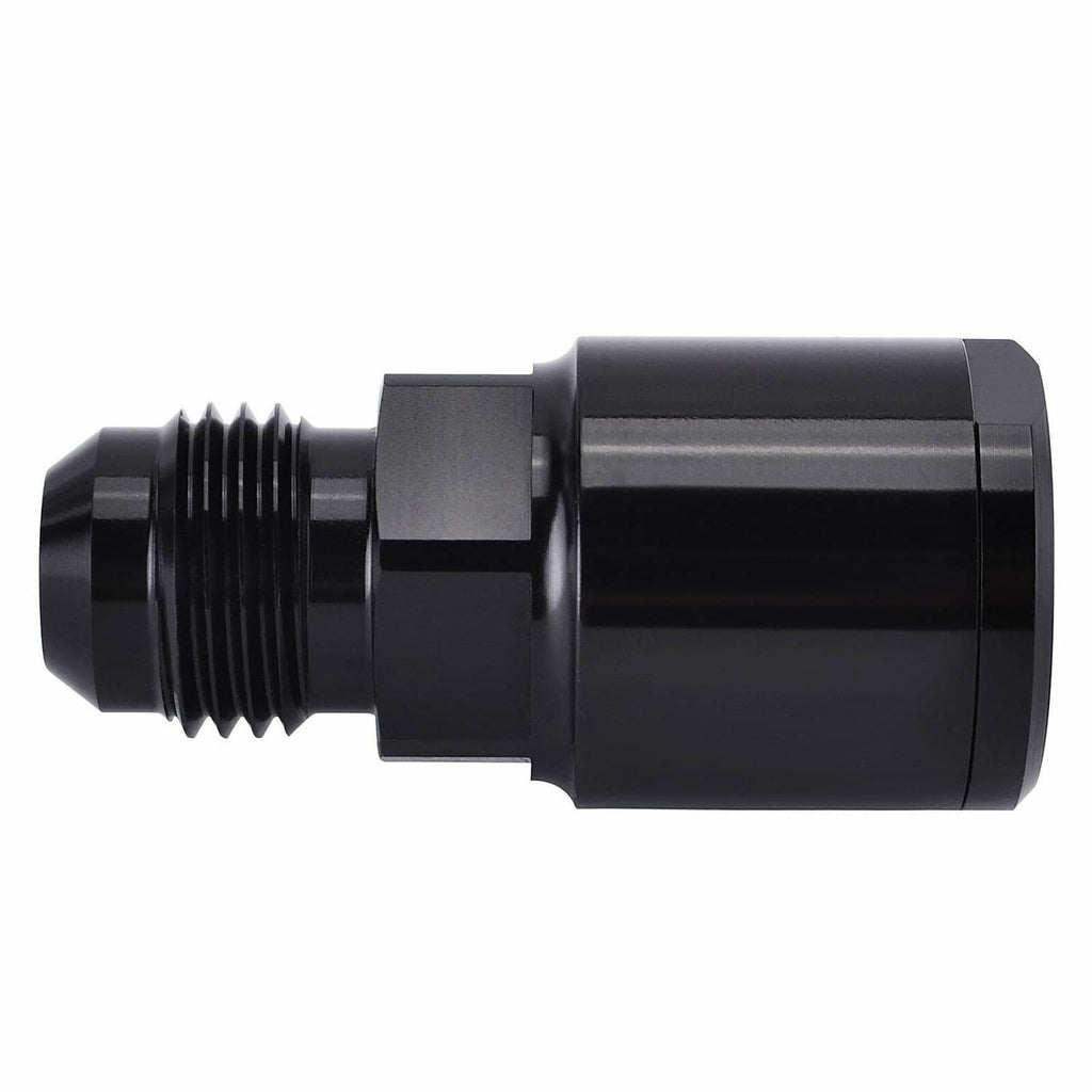 Black AN6 fuel adapter fitting with threaded male end and cylindrical connector