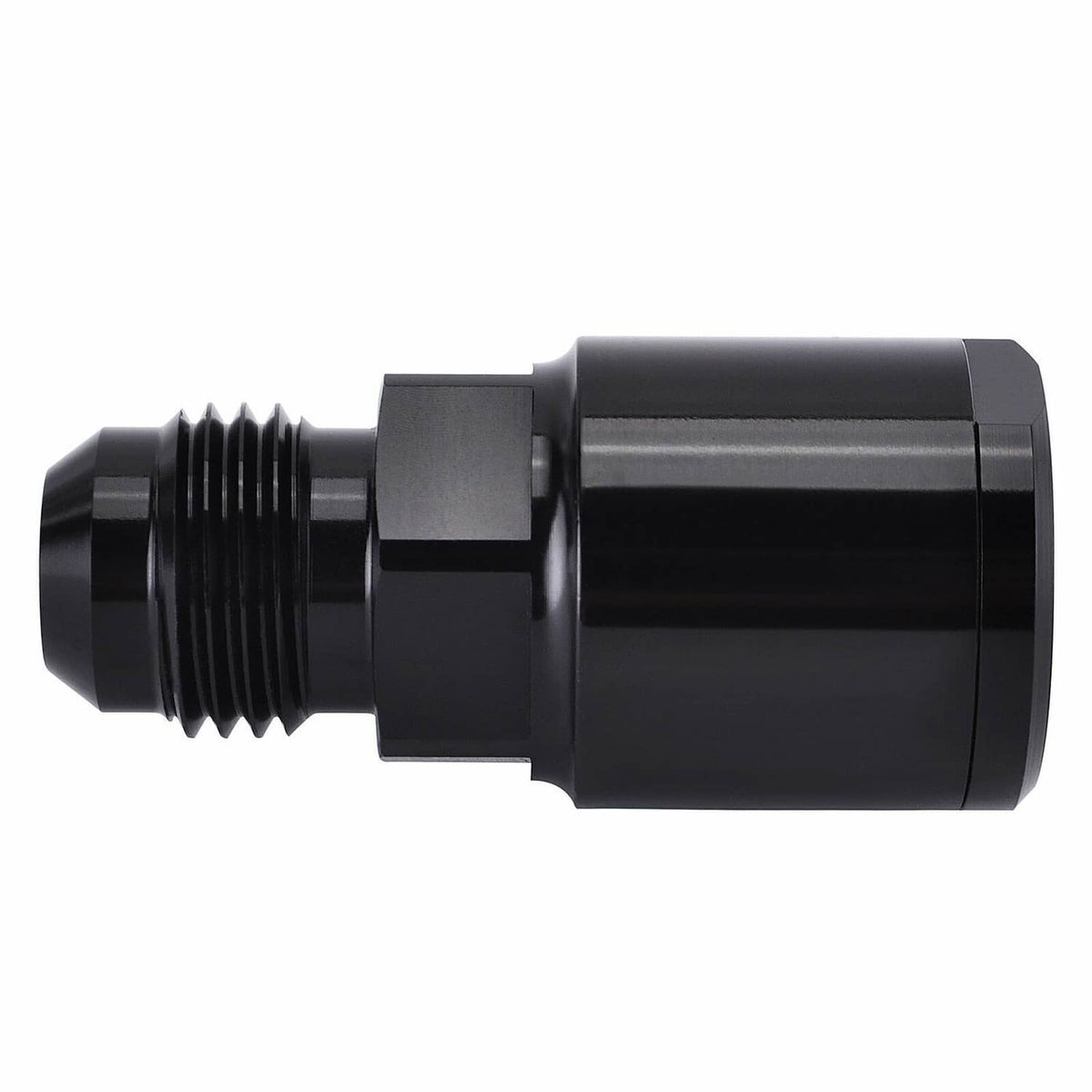 Black AN6 fuel adapter fitting with threaded male end and cylindrical connector