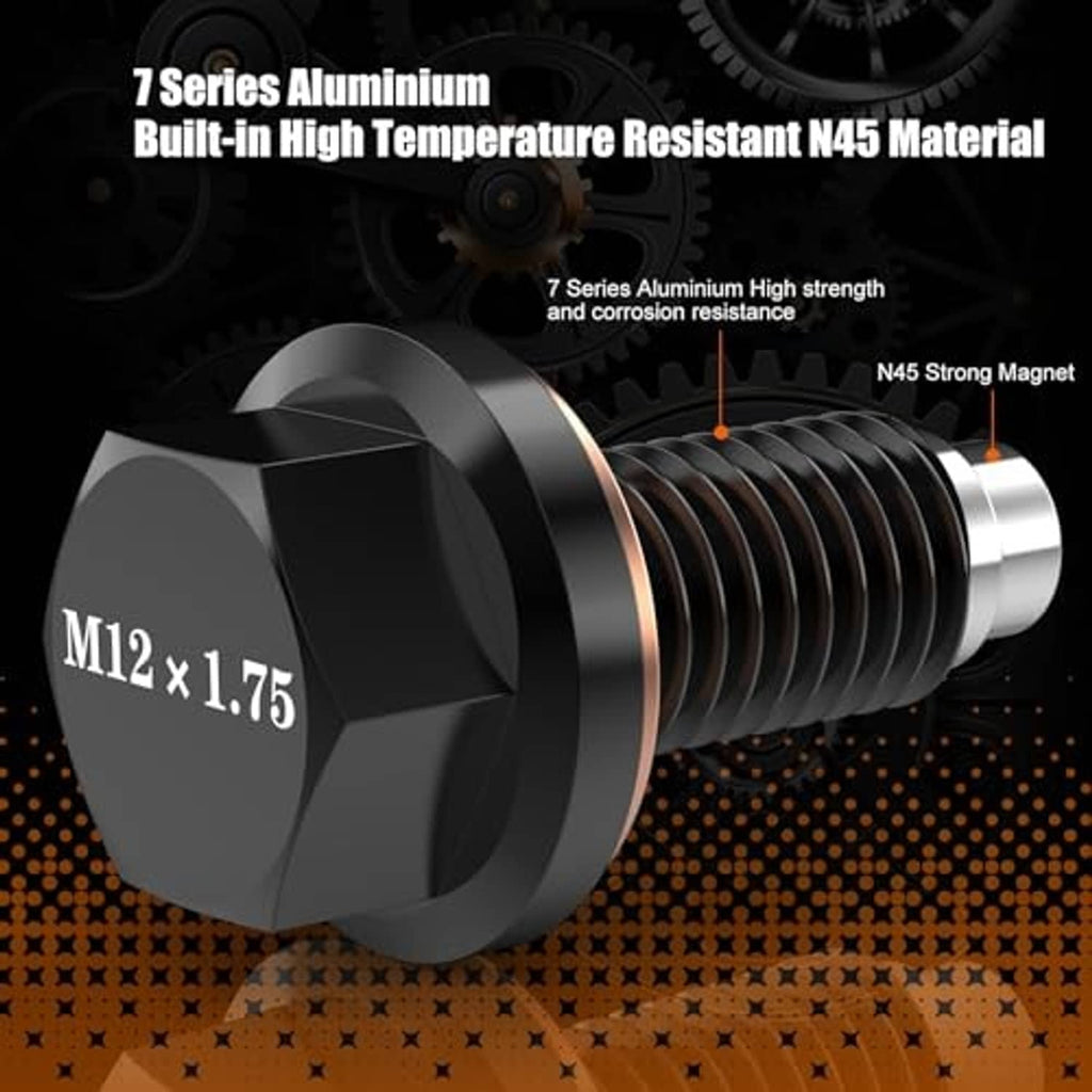 Magnetic oil drain plug, black hex head with copper ring, M12x1.75 threads